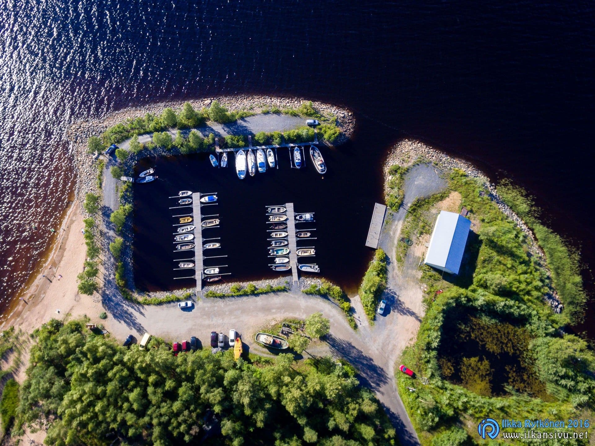 Marina pontoons and boats seen directly from above