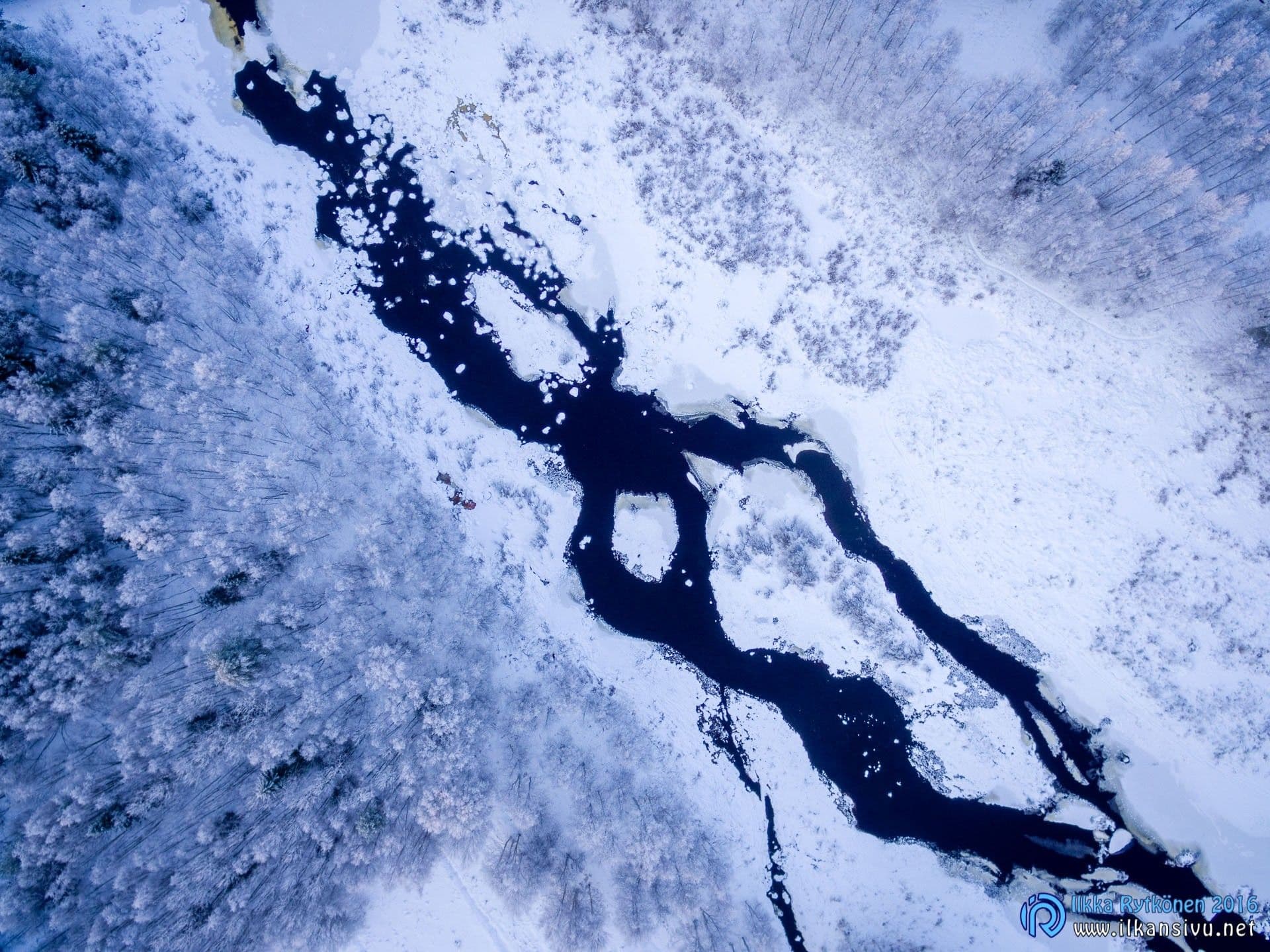 Dark rapids cut through a snow-covered forest in an overhead view